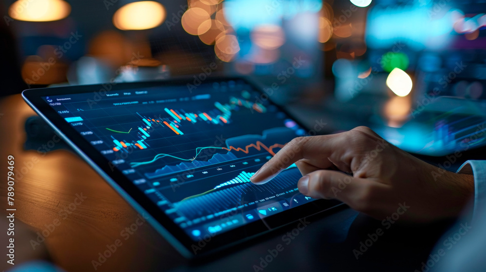 Close-up of fingers interacting with cutting-edge digital interface tablet, highlighted by neon blue, set against blur of nocturnal city lights, embodying innovation and technology. Banner. Copy space Close-up of fingers interacting with cutting-edge digital interface tablet, highlighted by neon blue, set against blur of nocturnal city lights, embodying innovation and technology. Banner. Copy space