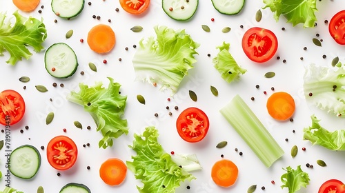 Eating pattern with raw ingredients of salad lettuce leaves cucumbers red tomatoes carrots celery and seeds on white background : Generative AI