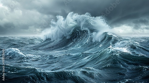 Create a stunning image of a massive wave crashing in choppy waters under a cloudy sky, stirred up by the wind, capturing the mesmerizing fluid movement of the ocean © growth.ai