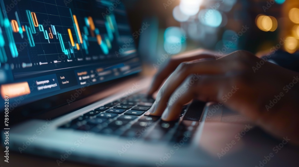A person is typing on a laptop with a stock market graph on the screen A person is typing on a laptop with a stock market graph on the screen