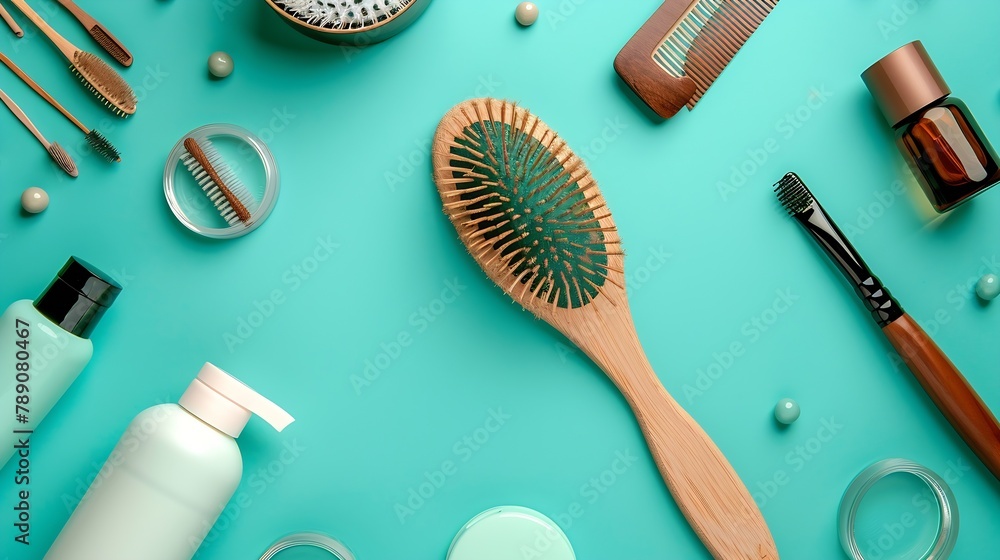 Flat lay composition with wooden hairbrush comb and cosmetic products on turquoise background : Generative AI