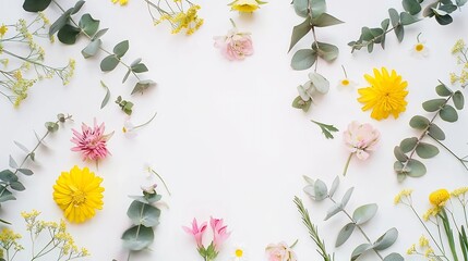 Flowers composition Round frame made of yellow and pink flowers eucalyptus branches on white background Flat lay top view copy space : Generative AI