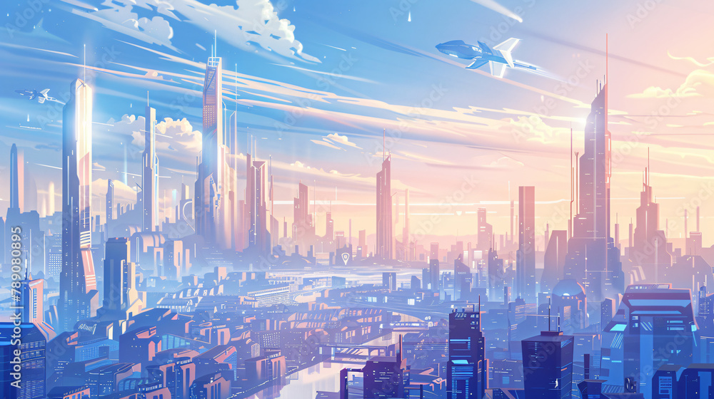 Panoramic view of future city skyline. Creative conc