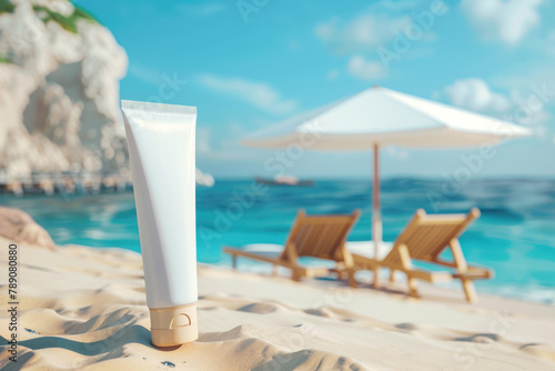close up of blank white tube of sun cream on the sandy beach. bright blue sky, clear sunny day, product shot, advertising style © Rangga Bimantara