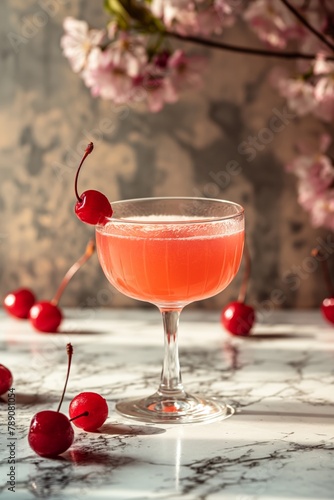 Pink cocktail with cherry on marble table, in the background there is a branch of cherry blossoms. Sunlight. Copy space. Concept: summer drinks, menu for bar, alcoholic drinks, social media. Vertical 