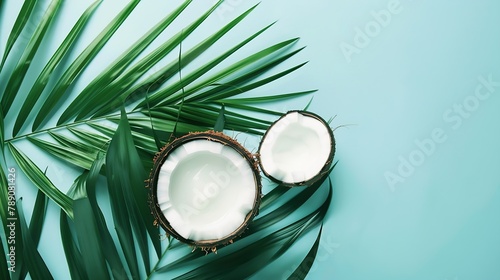 Coconut with tropical palm leaf on blue background Flat lay top view SPA natural organic cosmetic moisturizer for hand or body : Generative AI