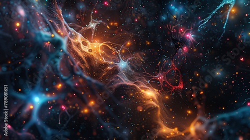 incredibly microscopic high definition. Illustrate human neurons as stars and galaxies  mirroring scientific similarities. Black background enhances the myriad colors in the illustration.