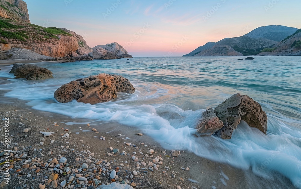 Pastel Sunset Over Sea Waves at the Beach - Relaxation, Nature's Beauty, Holiday Mood, Leisure Background, Vacation Vibes Pastel Sunset Over Sea Waves at the Beach - Relaxation, Nature's Beauty, Holiday Mood, Leisure Background, Vacation Vibes