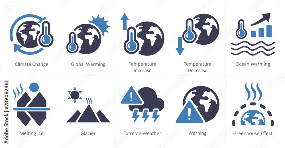 A set of 10 climate change icons as climate change, global warming, temperature increase - obrazy, fototapety, plakaty 
