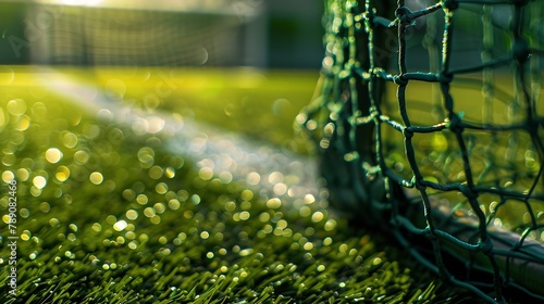 Closeup at football goal post structure which is placed on artificial turf ground pitch Sport equipment object photo : Generative AI photo
