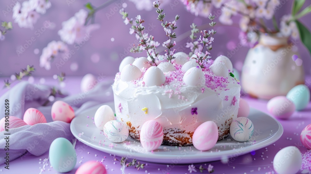 Easter cake garnished with sugar on a Beautiful Lavender background