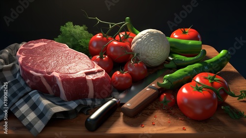 Row of meat and chopper with vegetables: 8K realism