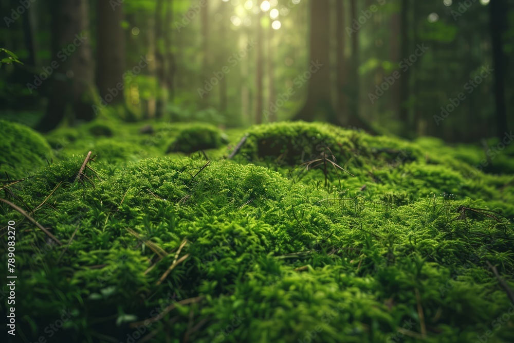 Verdant green moss intricately patterned on a shadowy forest floor providing a lush texture under soft natural light Verdant green moss intricately patterned on a shadowy forest floor providing a lush texture under soft natural light