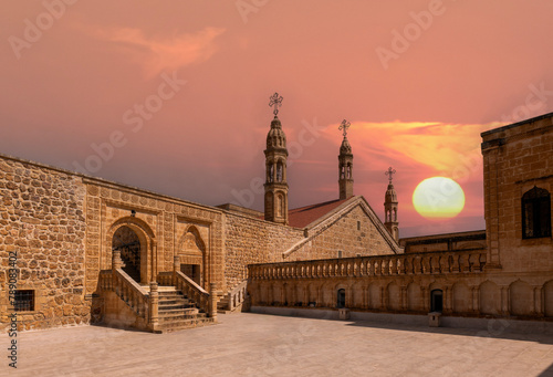 Mardin Midyat district Mor Gabriel Monastery unique architectural detail photographs taken with blue sky