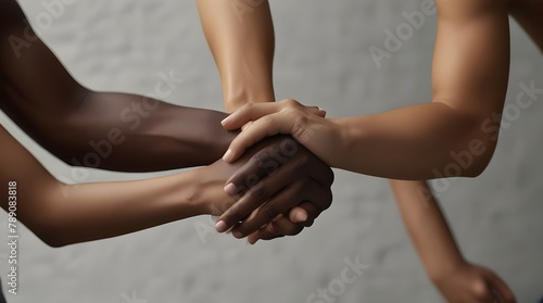 Closeup photo of two arms different race skin colors multinational friends antiracism issue help.generative.ai photo