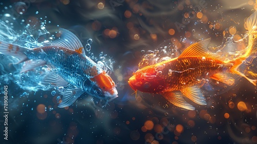 Create an image of two vibrant, jumping koi fish dissolving into glowing particles, with a bright, colorful, translucent effect and optical flares. Close-up view. © growth.ai
