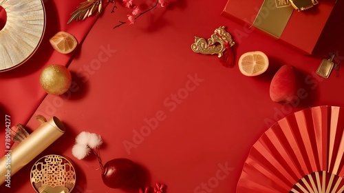 flat lay of lucky item decoration ornament for Chinese Lunar New Year celebration red background with ancient Chinese gold bar gift box  paper hand fan Tae Eia envelope red envelope or : Generative AI photo