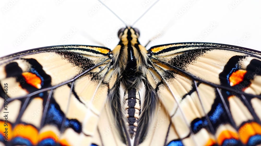 Close up of the symmetrical patterns and vibrant colors on the wings of a papilio machaon butterfly against a white background : Generative AI Close up of the symmetrical patterns and vibrant colors on the wings of a papilio machaon butterfly against a white background : Generative AI