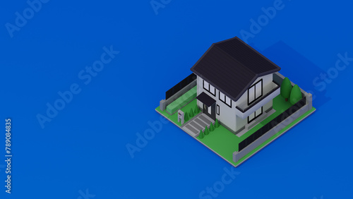 庭付き白い家の住宅模型のアイソメトリック風3DCGイラストレーション	
