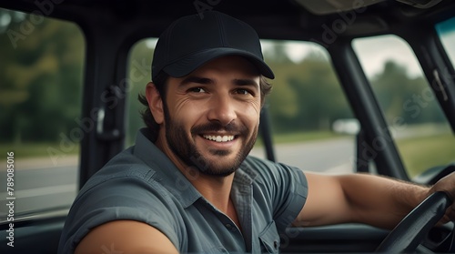 Happy professional truck driver driving his truck and looking at camera.generative.ai