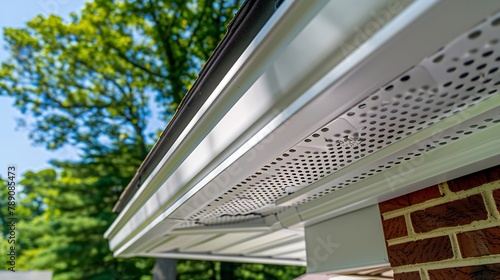 Close up of white frame gutter guard system eaves through fascia drip edge colonial white soffit with ventilation brick facade siding on a luxury American single family home neighborho : Generative AI photo