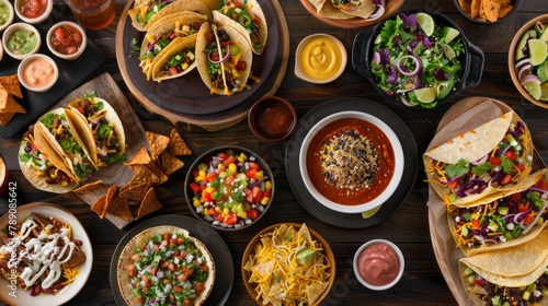 Delve into a vibrant Mexican food spread set against a rustic dark wood backdrop From sizzling tacos and loaded burritos to crispy nachos savory enchiladas comforting tortilla soup and fres