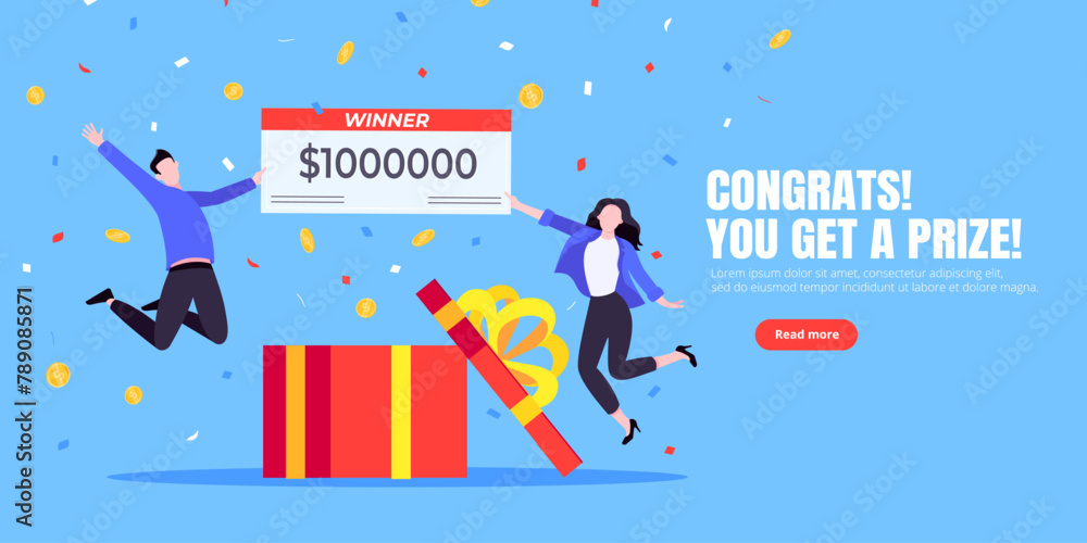 Naklejka premium Happy lottery winners with big prize paycheck. Fortune lottery or casino gambling lucky games concept flat style design vector illustration. People jumps in the air with trophy cheque.