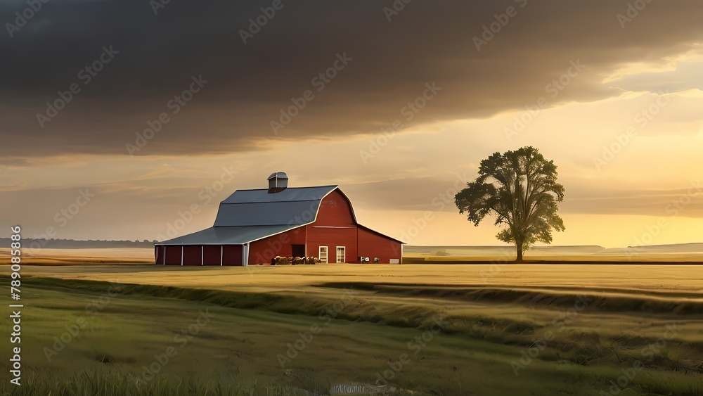 Modern farmland, Agricultural landscapes that include pastures, cornfields, Cottage and cattle ranches, digital painting - obrazy, fototapety, plakaty 
