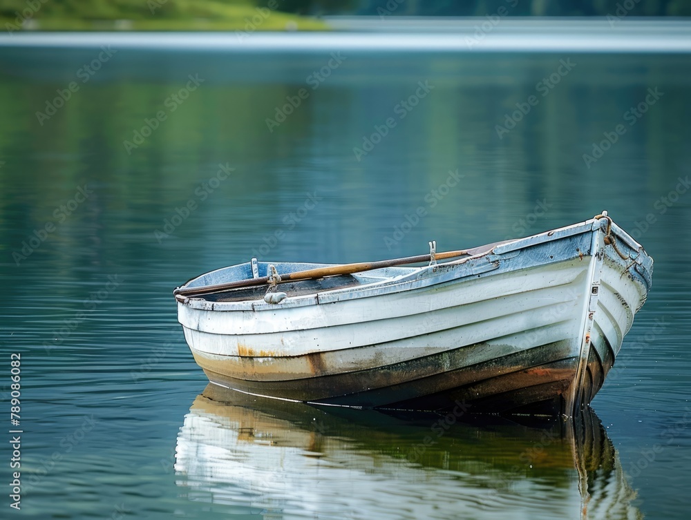 Lakeside Tranquility Redux: Sunlit Boat Drifting Under Azure Skies Lakeside Tranquility Redux: Sunlit Boat Drifting Under Azure Skies