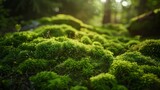 Emerald green moss uniquely shaped and textured blankets a rich dark forest floor highlighted subtly by dappled sunlight