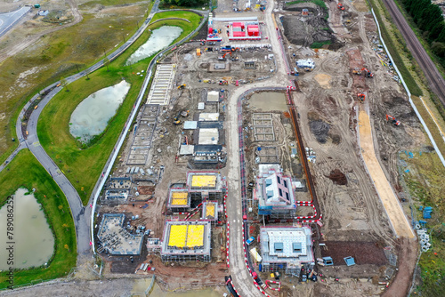 Aerial photo of a construction building site building houses, taken in Leeds in the UK showing a housing development with houses being built. photo