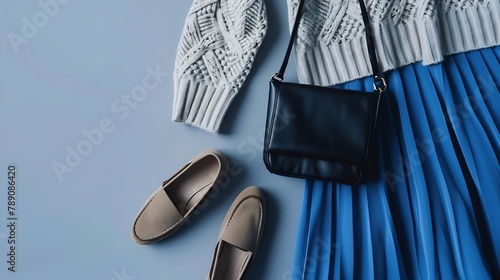 Blue midi pleated skirt beige knitted sweater small black cross body bag belt loafers flat shoes on grey background Overhead view of womens casual day outfit Flat lay top view Women cl : Generative AI