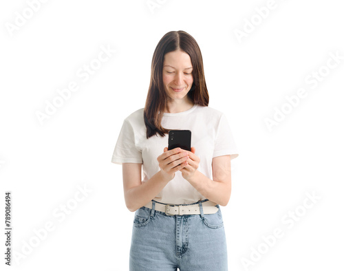 joyful girl with a phone in her hands. isolated