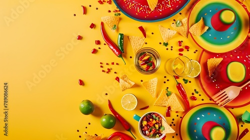 Cinco de Mayo celebration concept Top flat lay photo of mexican sombrero colorful poncho maracas tequila shots lime chili pepper nacho chips sauce salsa on yellow background with copy  : Generative AI photo
