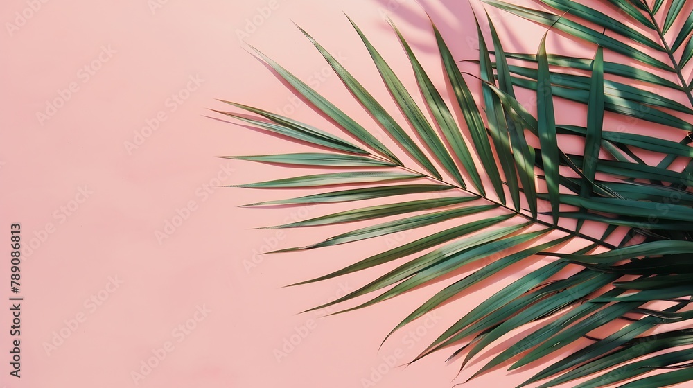 Fototapeta premium Tropical palm leaves on pink background Minimal nature summer concept Flat lay : Generative AI
