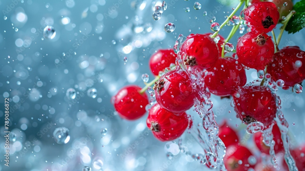 Vibrant red currants splashed by water droplets