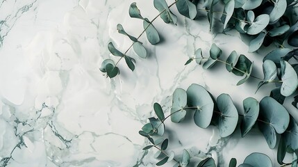 Border of eucalyptus leaves on a marble background Lay flat : Generative AI