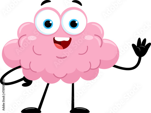 Funny Brain Cartoon Character Waving For Greeting. Vector Illustration Flat Design Isolated On Transparent Background