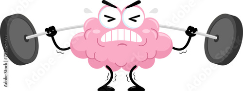 Funny Brain Cartoon Character Lifting Weights. Vector Illustration Flat Design Isolated On Transparent Background