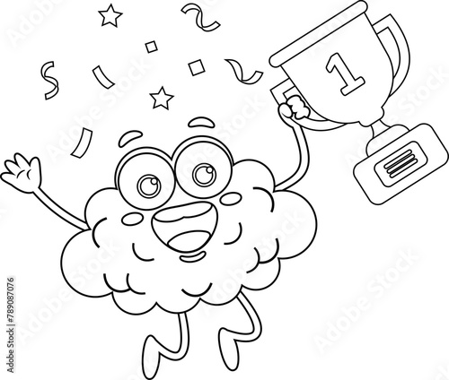 Outlined Happy Brain Cartoon Character Jumping Holding A Cup Trophy. Vector Hand Drawn Illustration Isolated On Transparent Background
