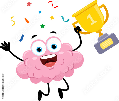 Happy Brain Cartoon Character Jumping Holding A Gold Cup Trophy. Vector Illustration Flat Design Isolated On Transparent Background