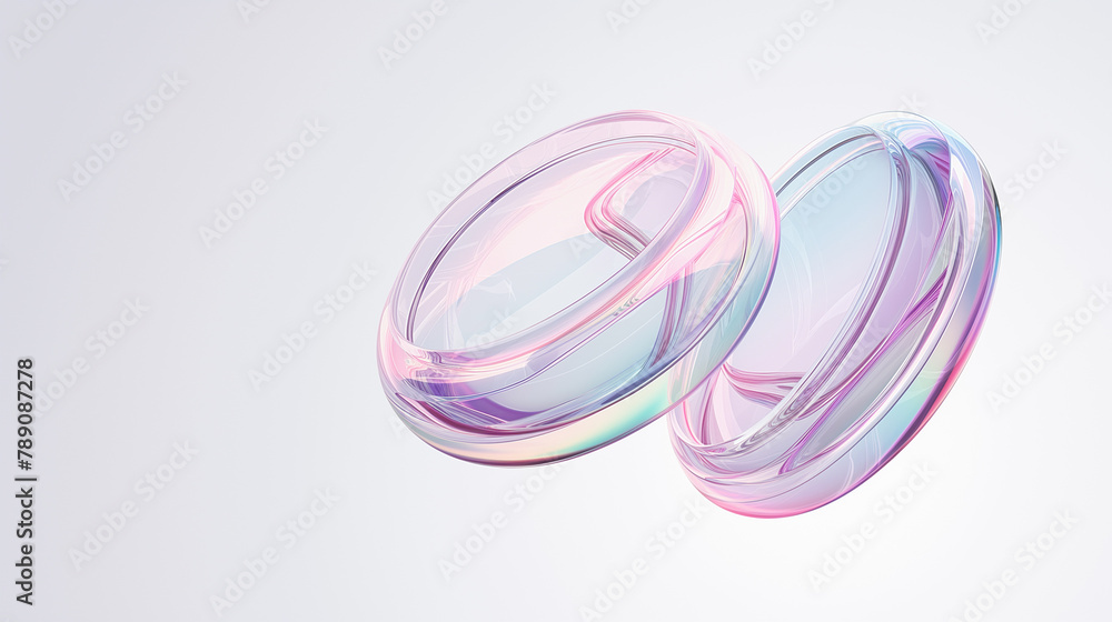 Abstract futuristic shape with iridescent glass texture floating on white background, 3d rendering illustration of clear contact lens. Pastel color, blue purple green and pink Abstract futuristic shape with iridescent glass texture floating on white background, 3d rendering illustration of clear contact lens. Pastel color, blue purple green and pink