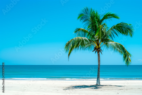 A single palm tree stands tall on sandy beach under a clear blue sky.