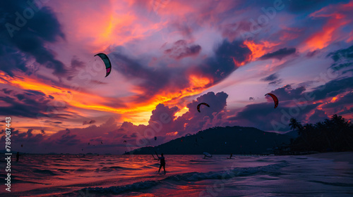 Silhouette people kitesurfing sunset clouds.  photo