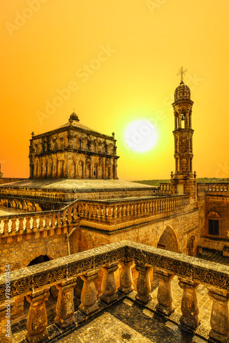 Anitli village Mary church with unique architecture at sunset photo