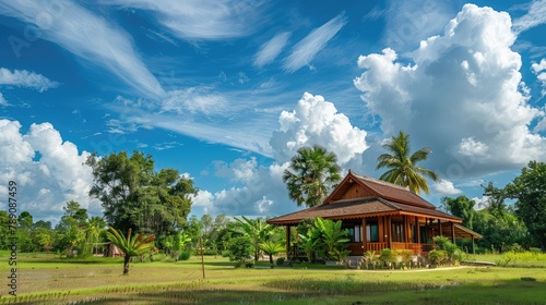 Editorial use only, a beautiful bungalow in a tropical rural setting under a blue sky, View of nice bamboo hut in summer environment,Traditional wooden house with Beautiful nature landscape
 photo