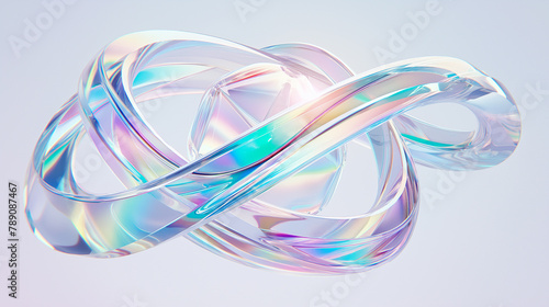 Abstract futuristic shape with iridescent glass texture floating on white background, 3d rendering illustration of clear contact lens. Pastel color, blue purple green and pink