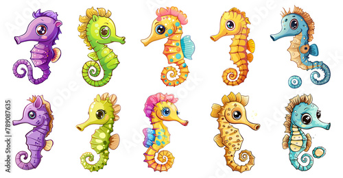Cute seahorse Illustration Clipart Sticker Bundle, generated ai