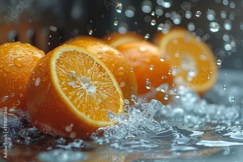 Water droplets cascade over vibrant orange slices  emphasizing the freshness and juiciness of the fruit