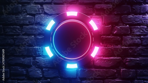 Poker chip icon neon on brick wall background. Bet, gambling or luck concept